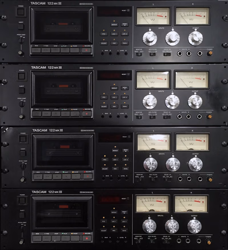 Rack of TASCAM 122 MK III cassette decks used for digitizing mixtapes